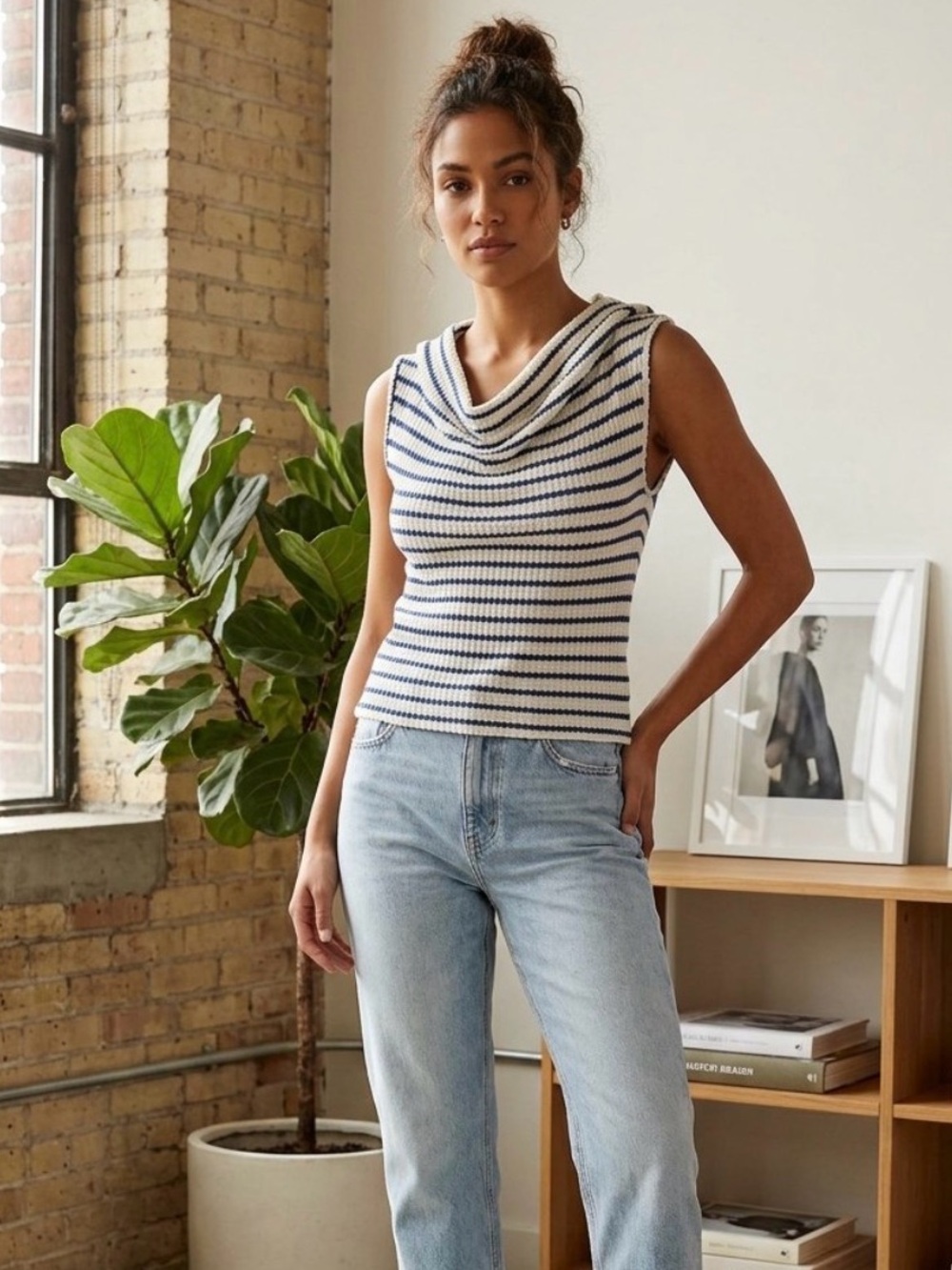 Striped Cowl Neck Sleeveless Knit Top - Navy & White